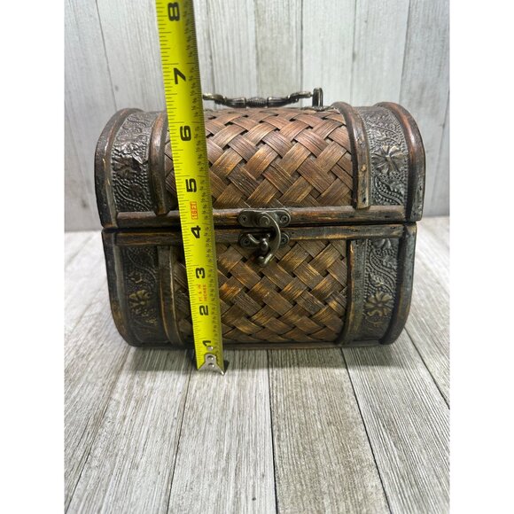 Vintage Jewelry Trinket Treasure Box Wood Wicker Rattan Hinged Lid w/ Top Handle - Picture 7 of 10